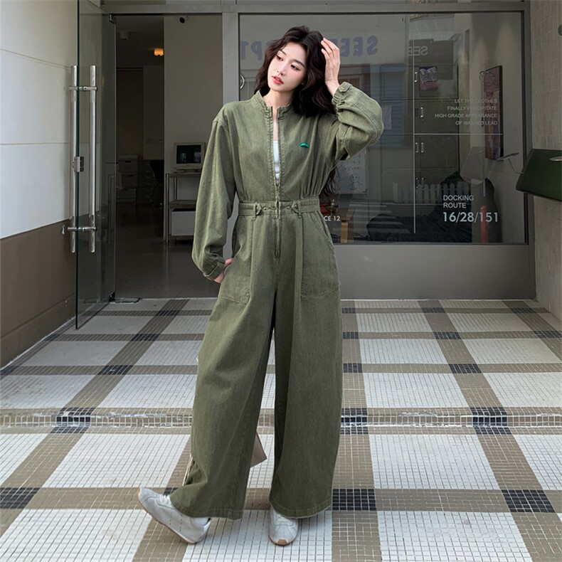 新品半拉链绿色工装连体衣裤2C158-6047-P155-K248,女装连体裤,2C158