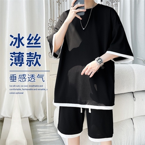 特批P55无差价夏季假两件拼接冰丝弹力宽松大码短袖短裤男士TZ303图片