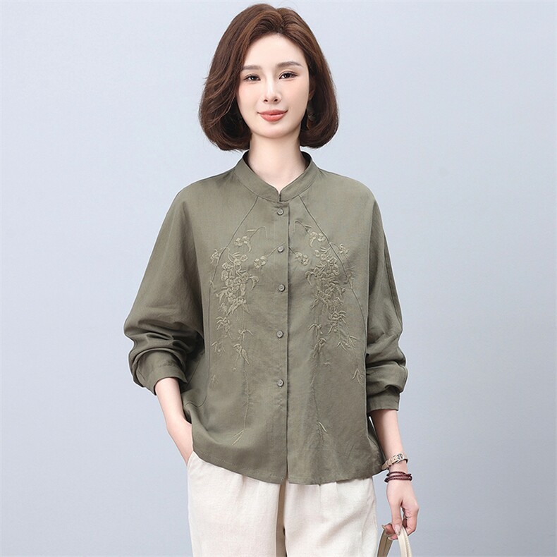棉麻衬衫女2025新款春秋宽松大码中老年休闲亚麻刺绣上衣,女装衬衫,忆绮罗