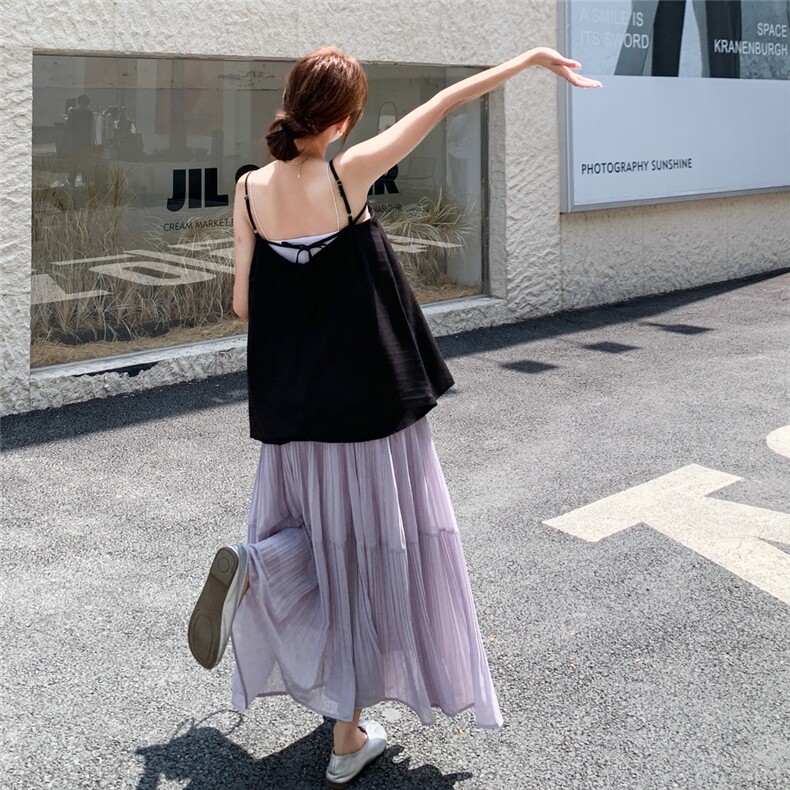 温柔风淡人气质套装女夏季2025法式飘带吊带上衣压褶半身裙两件套,女装套装/套裙,2C050