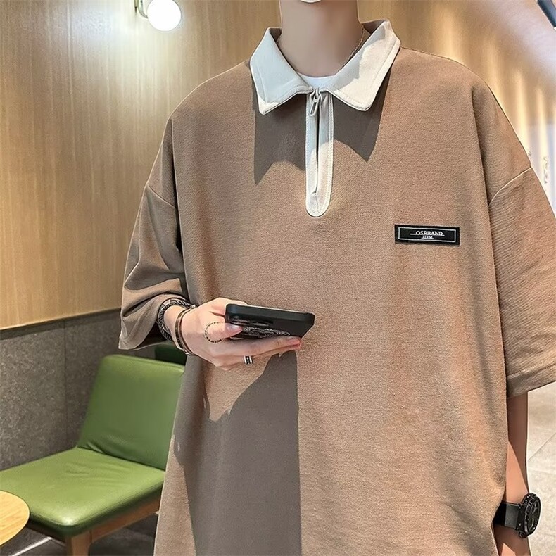 POLO衫时尚新款2023文艺潮流潮纯色短袖男青春流行百搭T159P32图片