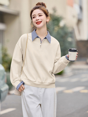 夏女装官网新款2026春季韩系假两件拼接格子翻领外套女式卫衣，女装针织衫/毛衣，微微衣阁