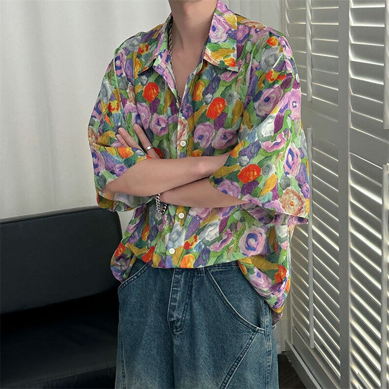 2025现货印花短袖衬衣男潮牌冰丝花衬衫A351-AC25605-p48控89,男装T恤,电商A351