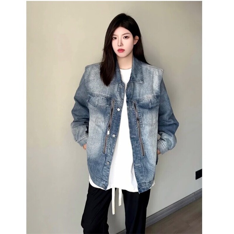 美式复古蓝色牛仔外套男女潮高级感单排扣纯色常规口袋牛仔布宽松图片