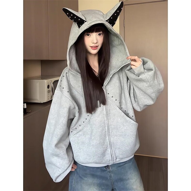 抖音得物高品质26春装美式高街铆钉杜宾犬耳朵开衫卫衣外套W125,女装短外套,电商A486-1