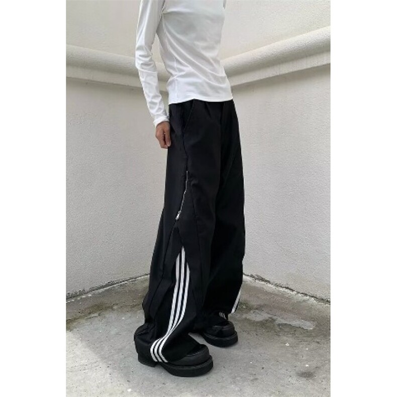 解构设计感三条杠拼接休闲裤男女宽松侧拉链设计裤子潮牌-X191,男装休闲裤,星座601-1