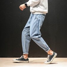 2021春秋季新日系布标装饰宽松复古风大码牛仔男九分裤K069-P40，男装牛仔裤，电商A001