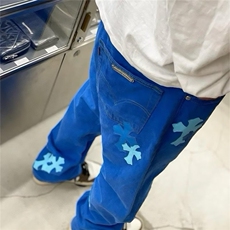 新款潮牌时尚中裤子春夏潮流微喇冰洗直筒牛仔裤女十字架贴皮帅，男装皮裤，星座1210-1