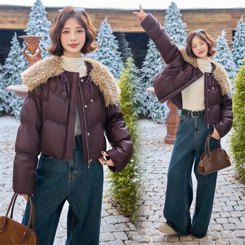 【bao款现货】2024新款冬装百搭小个子pu皮羽绒服白鸭绒配毛领,女装羽绒服,雅静靓衣