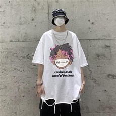 港风23新款夏季时尚卡通印花流苏圆领宽松短袖T恤DT6341P45控68，男装T恤，电商A268A