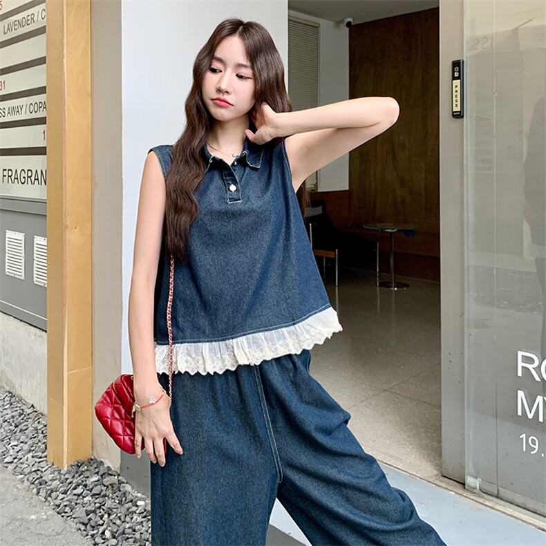 木耳边polo领无袖牛仔背心上衣阔腿裤套装女夏两件套巨好看流行,女装套装/套裙,2C255