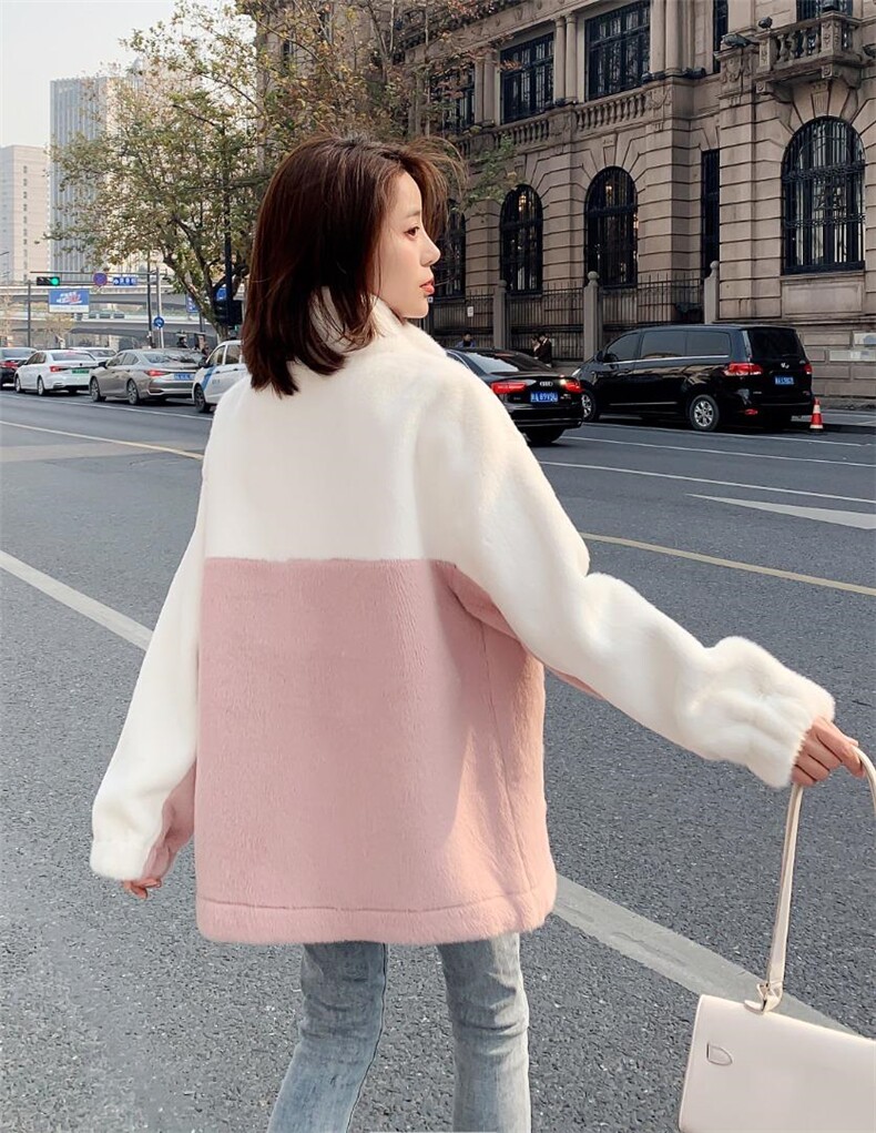 冬装粉白拼色貂绒休闲外套，其它，水锦红