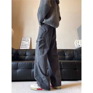 美式水洗复古大口袋工装裤男秋季牛仔裤潮牌宽松休闲直筒阔腿裤图片