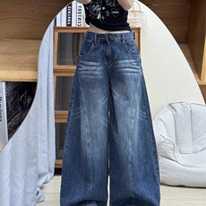 复古阔腿牛仔裤女秋冬季新款高腰显瘦高个子宽松垂感直筒拖地裤子，男装牛仔裤，星座506A