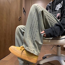 直筒牛仔裤男生美式潮牌水洗做旧侧条纹阔腿裤子春款复古工装裤，男装牛仔裤，星座410-7