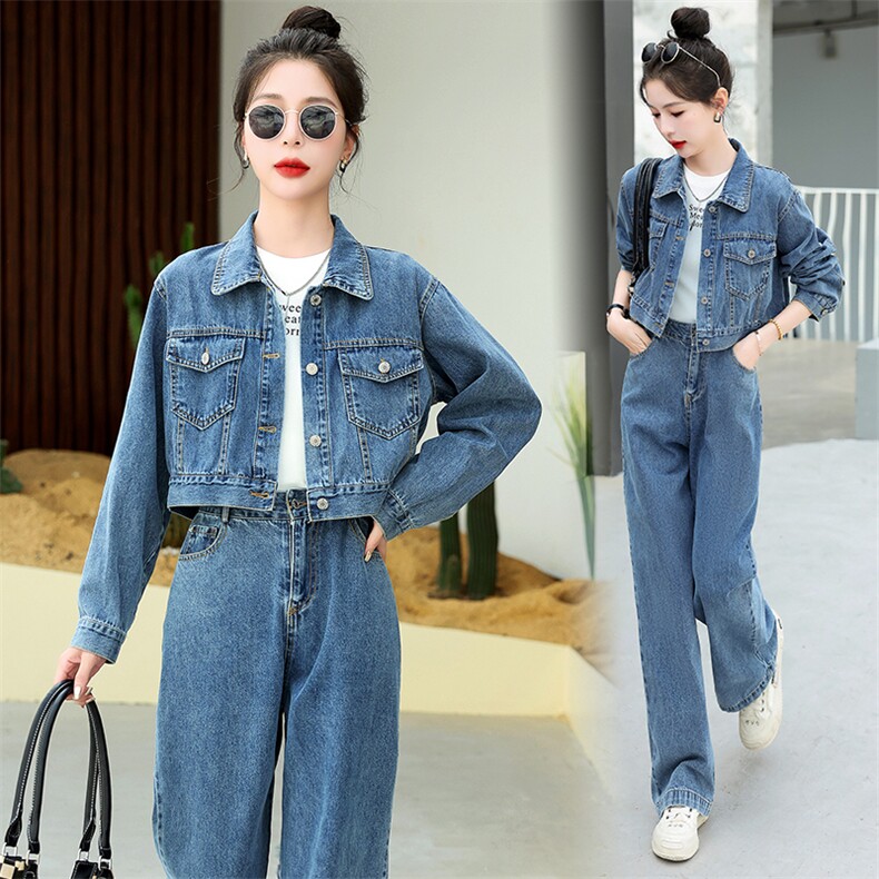 2023春季新款女装复古牛仔短外套高腰显瘦阔腿裤少女感套装图片