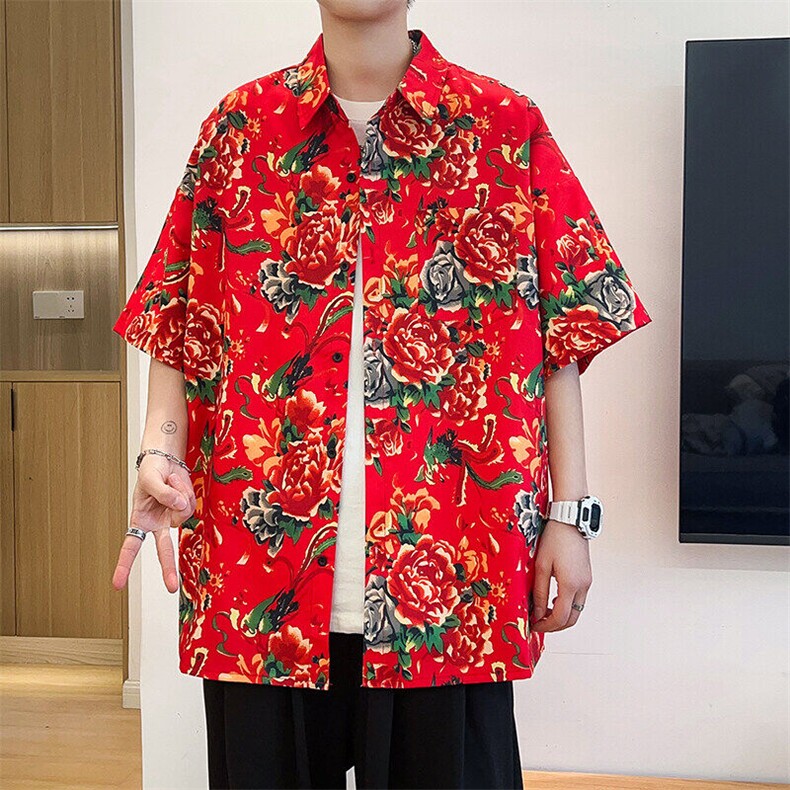 D1男女中性风东北大花短袖衬衫衬衣外套民族风汉服团队服,男装衬衫,星座115A(原星座507）