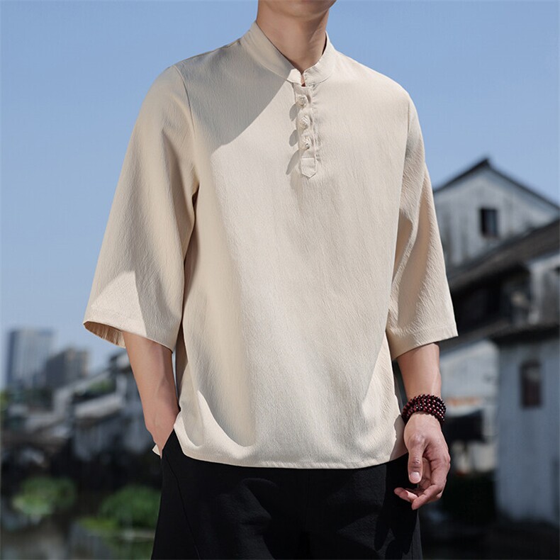 2025新款夏季风纯色立领上衣盘扣休闲T恤宽松潮流男T2505-P45,男装T恤,电商A008