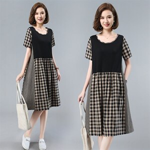 时尚拼接格纹连衣裙 显瘦修身大码女装 优雅气质短袖裙装,女装连衣裙,依恋蒂丝