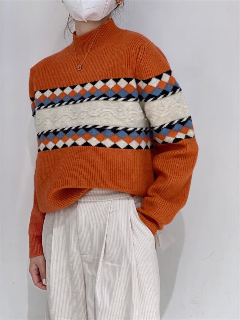 菱形拼色毛衣，女装针织衫/毛衣，驿谷
