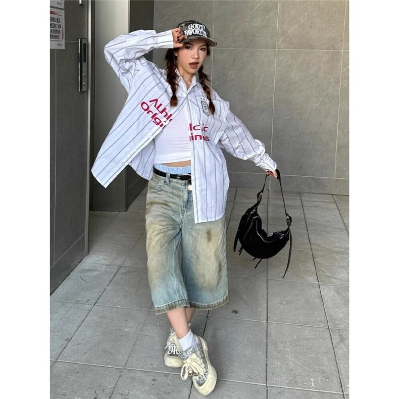 美式复古衬衫女初春字母印花撞色条纹翻领长袖休闲外套学院风上衣,男装衬衫,星座506A