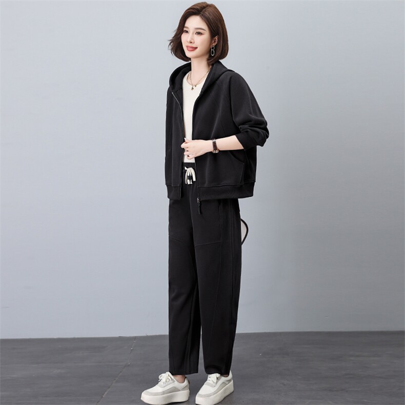 洋气套装女中年妈妈装连帽卫衣外套2026春秋新款大码运动服一整套,女装套装/套裙,独衣靓