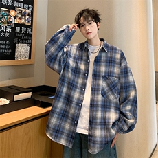 衬衫男春季新款港风宽松磨毛格子长袖衬衣CS2019-P35，男装衬衫，星座214-3