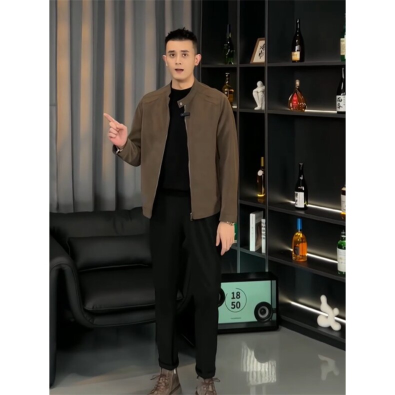 抖音网图现货秋季立领pu皮衣外套男复古修身皮夹克JK32P135,男装皮衣,电商B276A