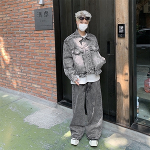 小众复古水洗牛仔外套夹克套装宽松直筒牛仔裤搭配一套TZ62-P122图片
