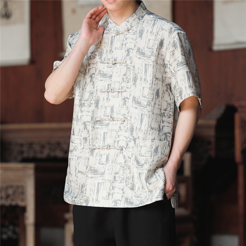 D4211^新中式盘扣衬衫唐装一字扣短袖T风半袖男上衣,男装T恤,钱塘777(原3023)