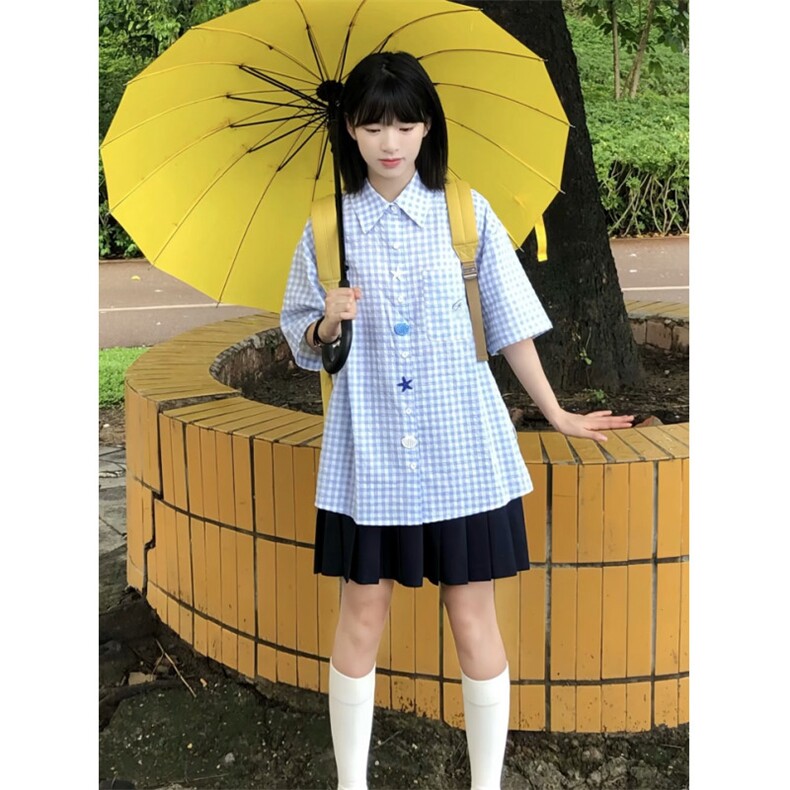 蓝色泡泡纱短袖衬衫男女夏季设计感纽扣格子衬衣休闲情侣外套,男装T恤,星座506A