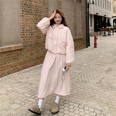 浪漫温柔风淡粉色套装女2025冬季刺绣蝴蝶结夹棉外套半身裙两件套，女装棉衣/棉服，2B218