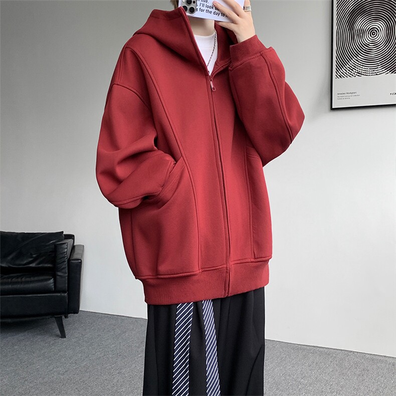 8XL-M休闲复古潮美式重磅连帽宽松安克拉红色卫衣外套WY34P8，女装短外套，电商D206-1