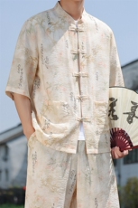 2025春季新款风男装盘扣新中式唐装花卉印花衬衫C109-P50，男装衬衫，电商B277(原6028)