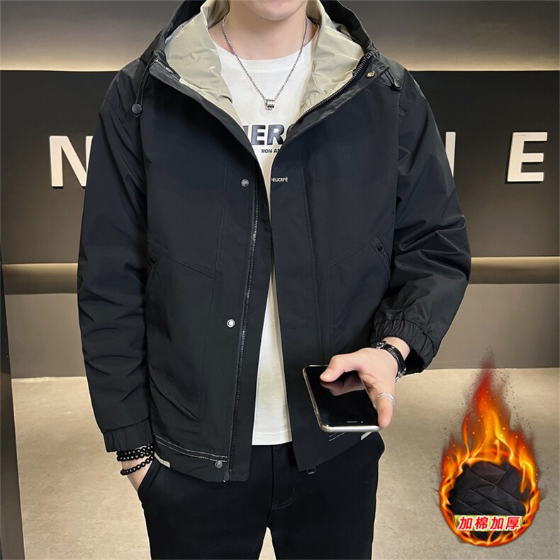 加棉加厚男士外套连帽帅气工装青年夹克百搭时尚潮流上衣,男装夹克,电商A225