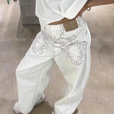 美式复古刺绣白色弯刀牛仔裤女夏季新款街头亚比朋克宽松阔腿长裤，男装牛仔裤，星座506A