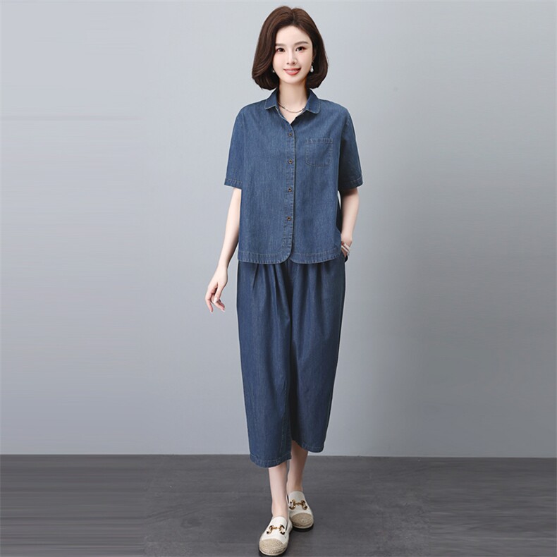 薄款牛仔套装女夏2025新款中年妈妈宽松时尚遮肚子显瘦减龄两件套，女装套装/套裙，悦见她