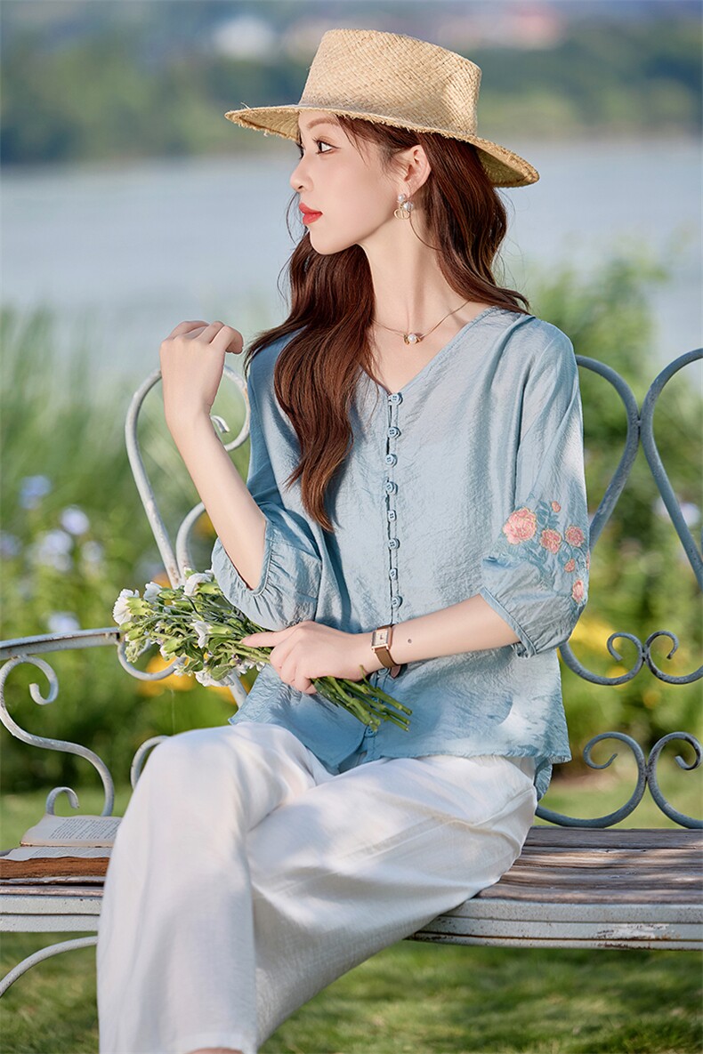 独特漂亮苎麻夏季2025新款宽松刺绣天丝衬衫棉麻裤妈妈,女装大码女装,木橙西子