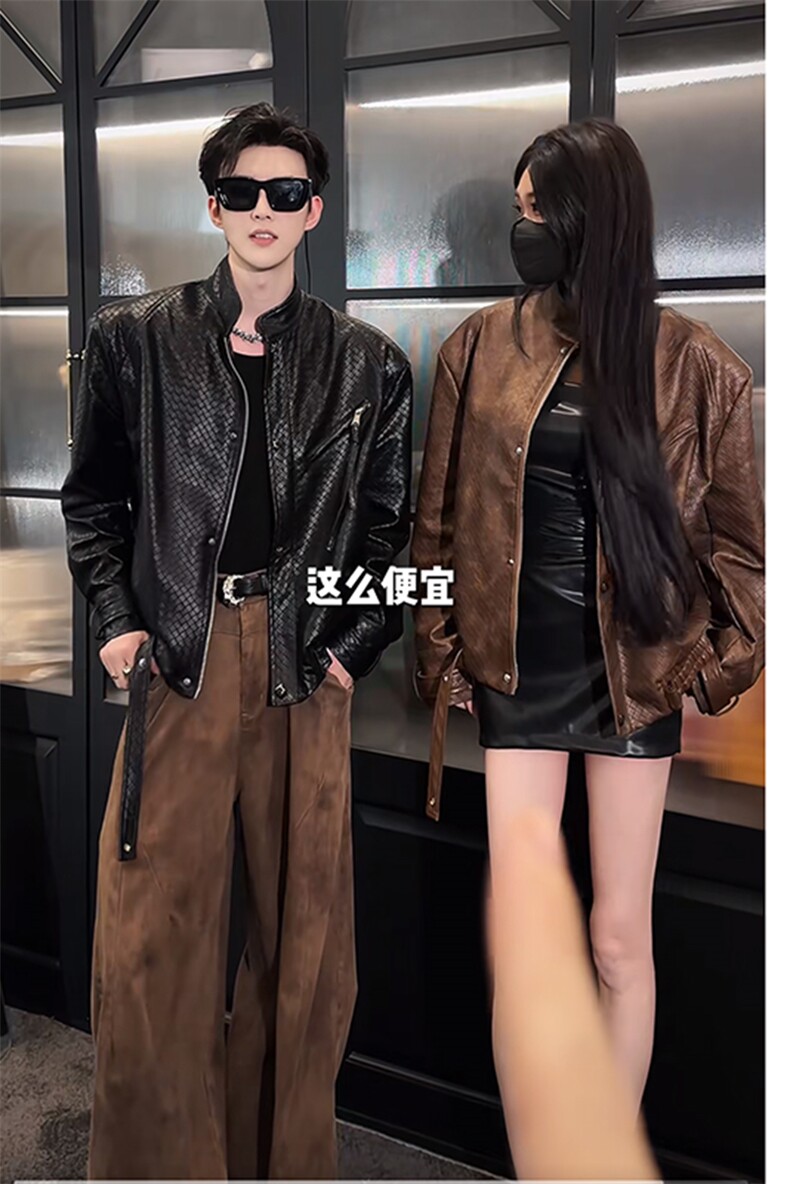 秋季新款美式复古编织设计皮衣外套机车皮夹克男JK2376P135(网图,男装夹克,电商B267