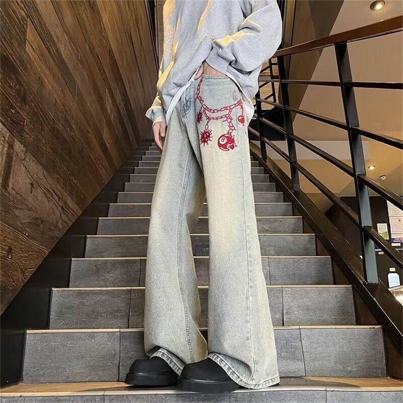 星锤裤链刺绣半松紧牛仔裤男款宽松直筒微喇休闲裤NTG50,男装休闲裤,星座1116A-1（原606A）