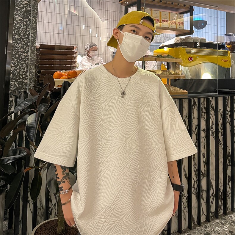 T8069/P30夏季透气开叉T恤男潮短袖纯色宽松半袖提花重磅上衣男,男装T恤,电商A141