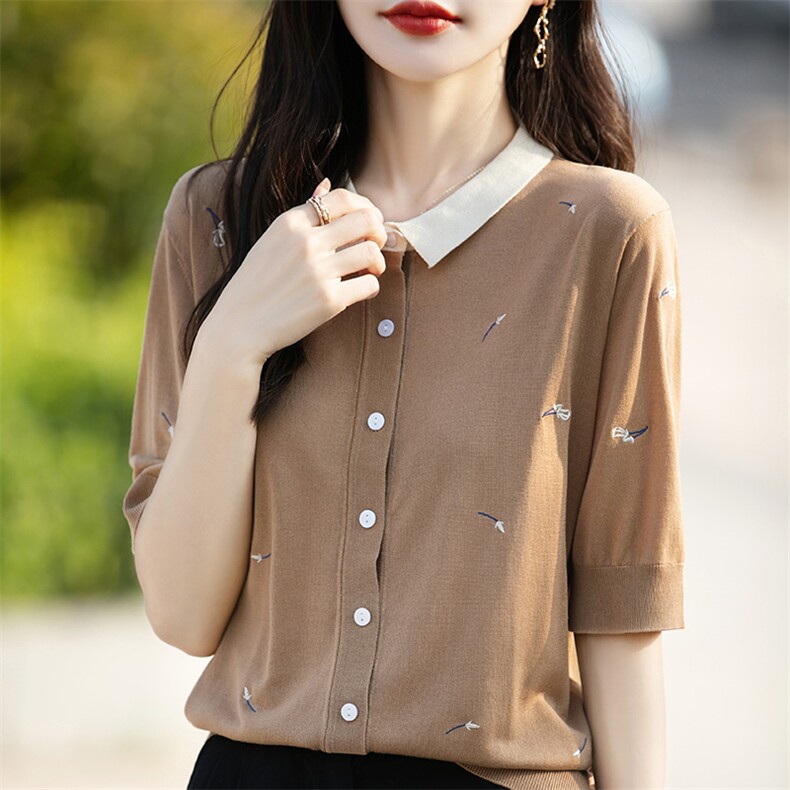 洋气减龄重工刺绣拼色POLO领针织短袖开衫女设计正肩半袖T恤上衣,女装羊毛衫,片语羊绒