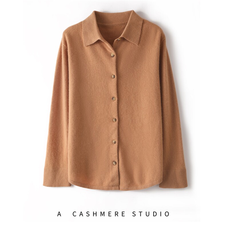 2025年秋季休闲长袖宽松型POLO领开衫时尚百搭简约大方，女装衬衫，贵皇羊绒四店