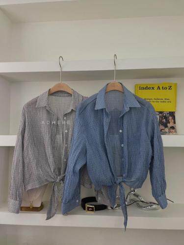 现货格子小衫打结细节面料舒适，女装，ADHERE