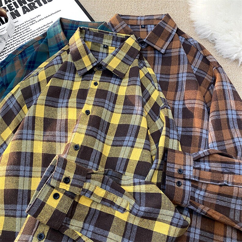 25年春季格子衬衫长袖大码宽松落肩现货DS-C323-1-2372-特批30，男装衬衫，电商C323-1