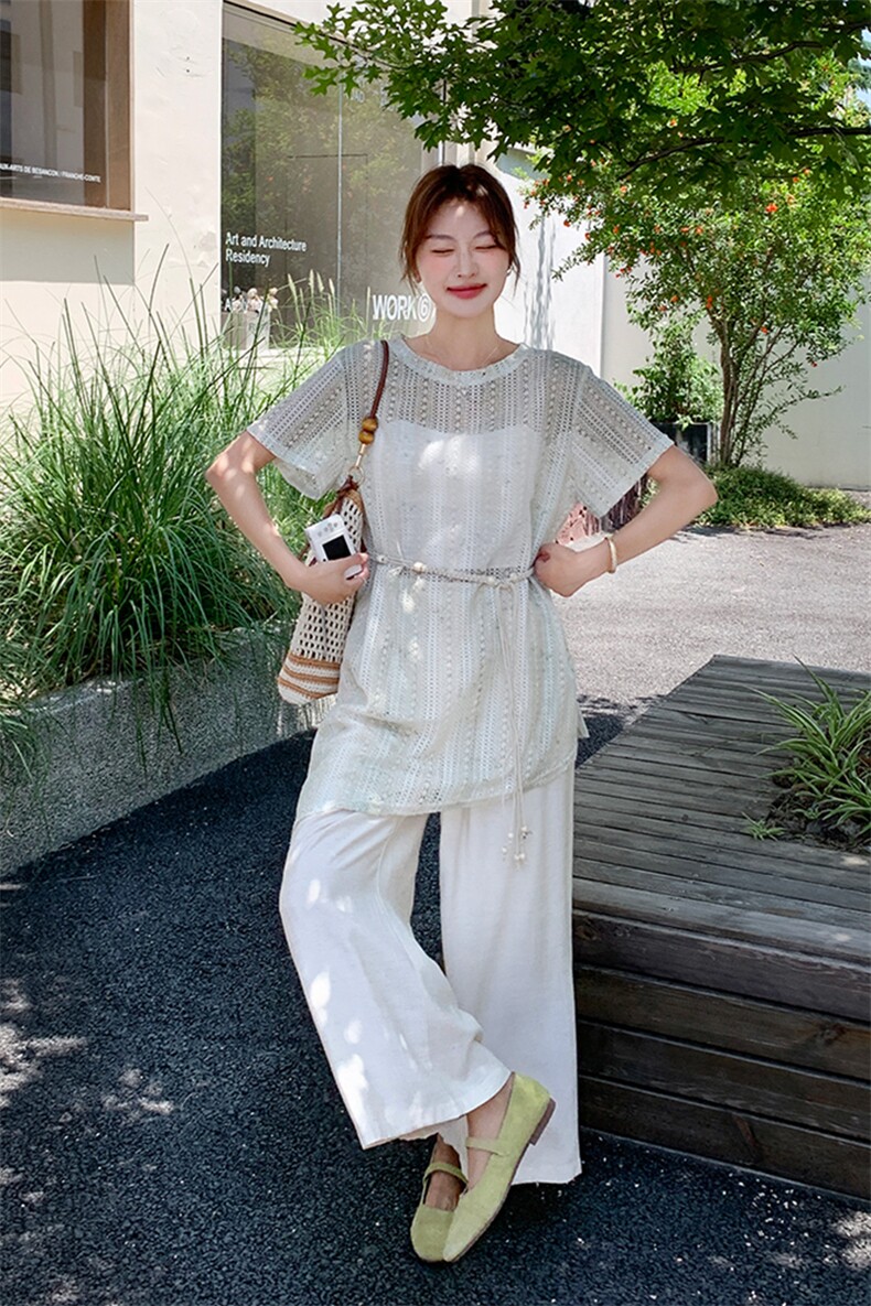 冷淡系松弛感罩衫阔腿裤套装女2025夏新款韩系气质收腰显瘦两件套,女装套装/套裙,2C029