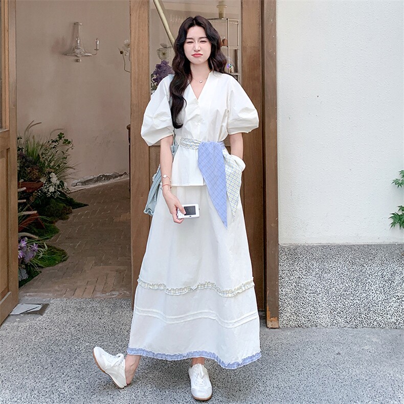 高级感V领上衣半身裙两件套女夏季新款气质显瘦温柔风套装连衣裙,女装套装/套裙,浙宝305
