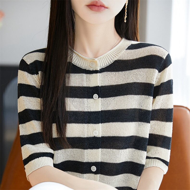 条纹天丝针织短袖开衫T恤女2025夏季新款宽松圆领薄百搭小衫上衣,女装蕾丝衫/雪纺衫,暖烁羊绒