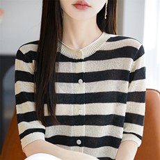 条纹天丝针织短袖开衫T恤女2025夏季新款宽松圆领薄百搭小衫上衣，女装蕾丝衫/雪纺衫，暖烁羊绒