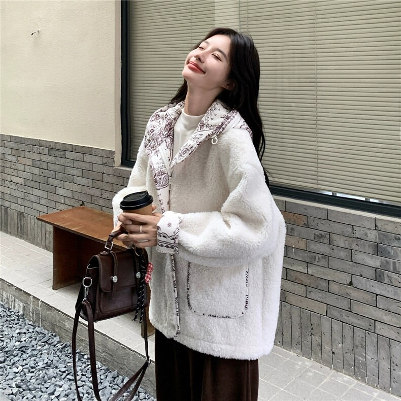 印花拼接连帽羊羔毛外套女冬小个子宽松减龄保暖皮毛一体，女装羊羔毛/颗粒绒，浙宝160